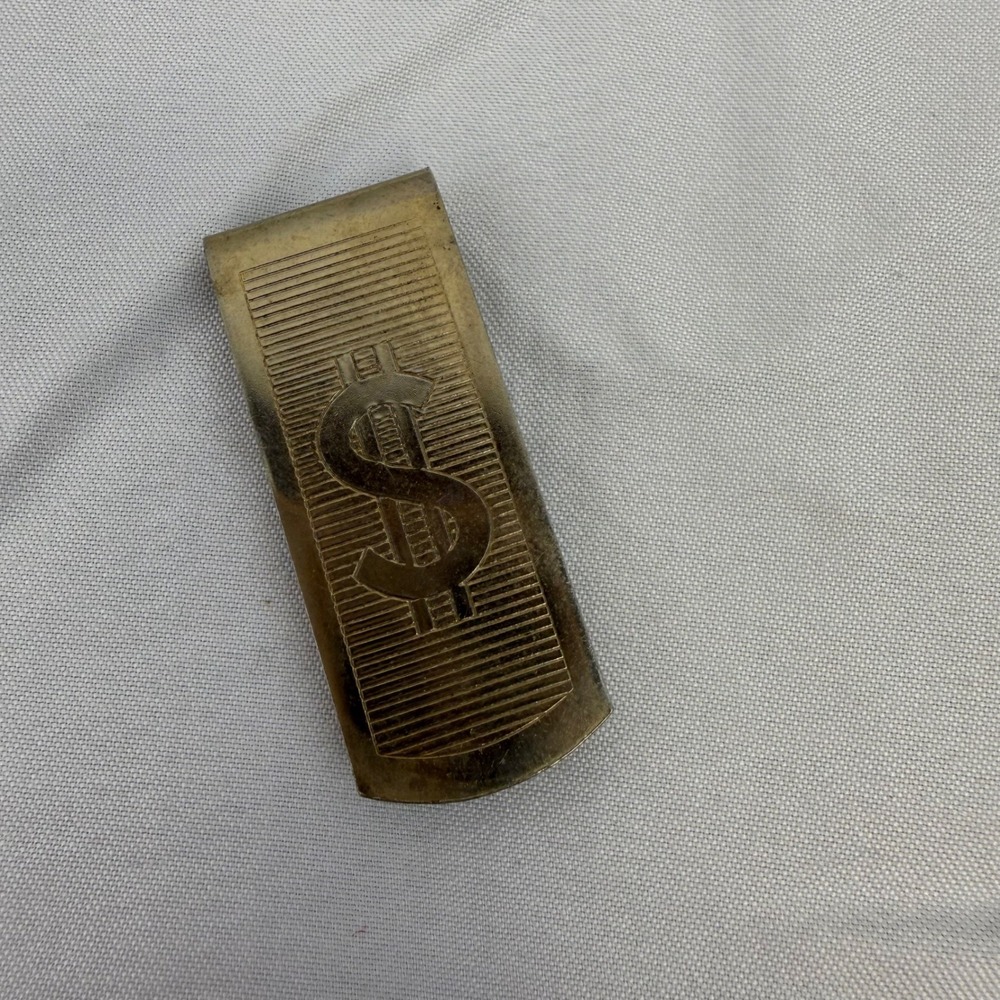 Vintage Gold Tone Dollar Sign Money Clip Ribbed Textured Men's Accessory